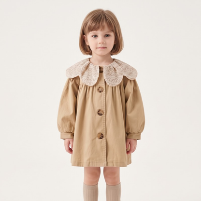 Lilo Lapel Mid Length Girls Trench Coat - Khaki