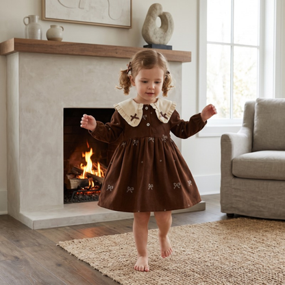 Lilo Embroidered Collar Princess Dress - Brown Bow