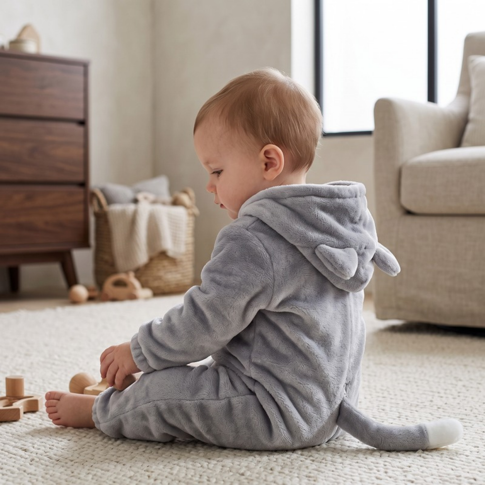 Lilo Cat Flannel Romper - Light Grey