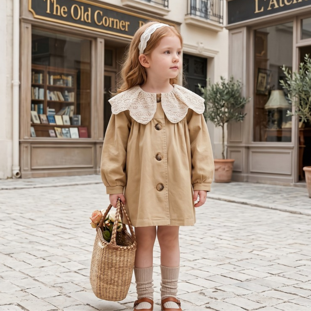 Lilo Lapel Mid Length Girls Trench Coat - Khaki