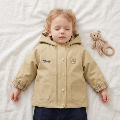 Lilo Hooded Baby Windbreaker - Khaki Bear Script