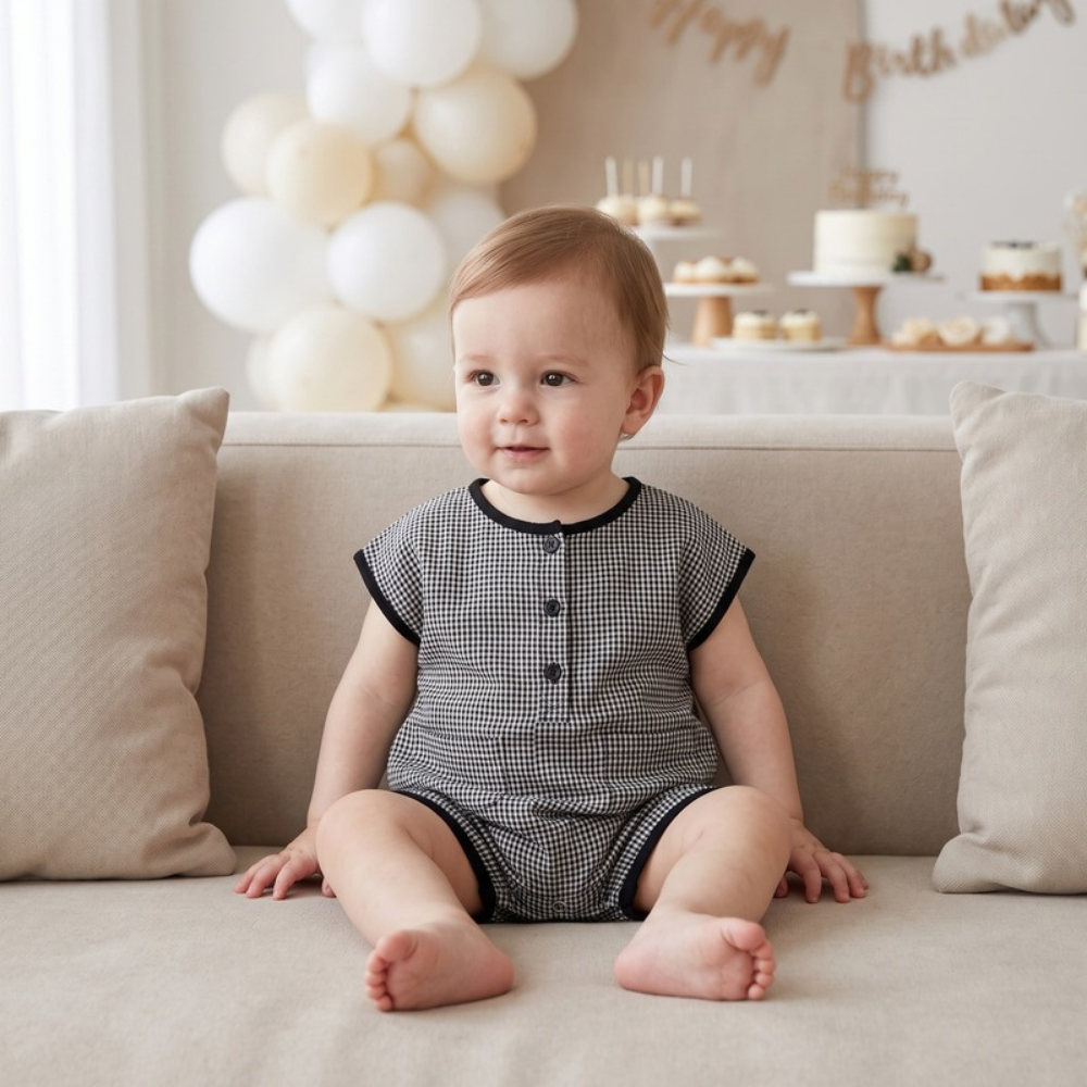 Lilo Cotton Gauze Plaid Romper - Black