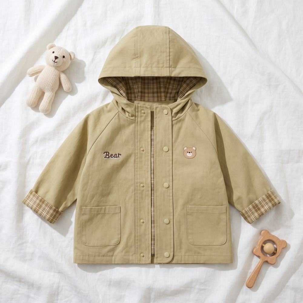 Lilo Hooded Baby Windbreaker - Khaki Bear Script