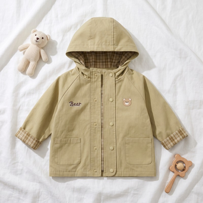 Lilo Hooded Baby Windbreaker - Khaki Bear Script