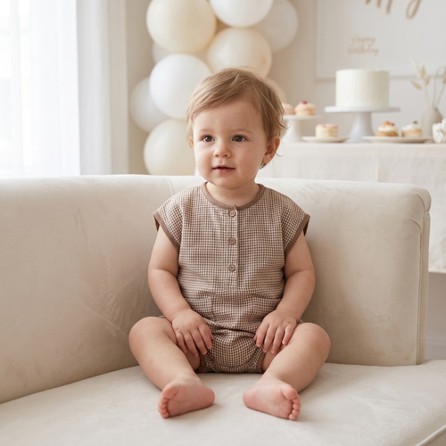 Lilo Cotton Gauze Plaid Romper - Brown