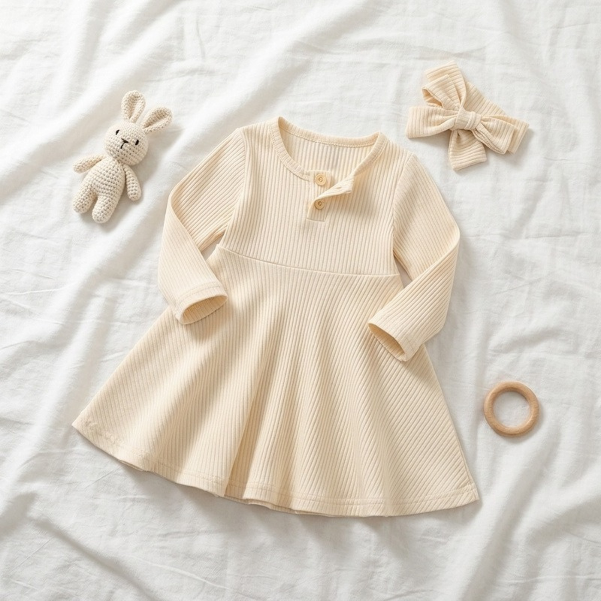 Lilo Ribbed Button Long Sleeve Dress - Cream