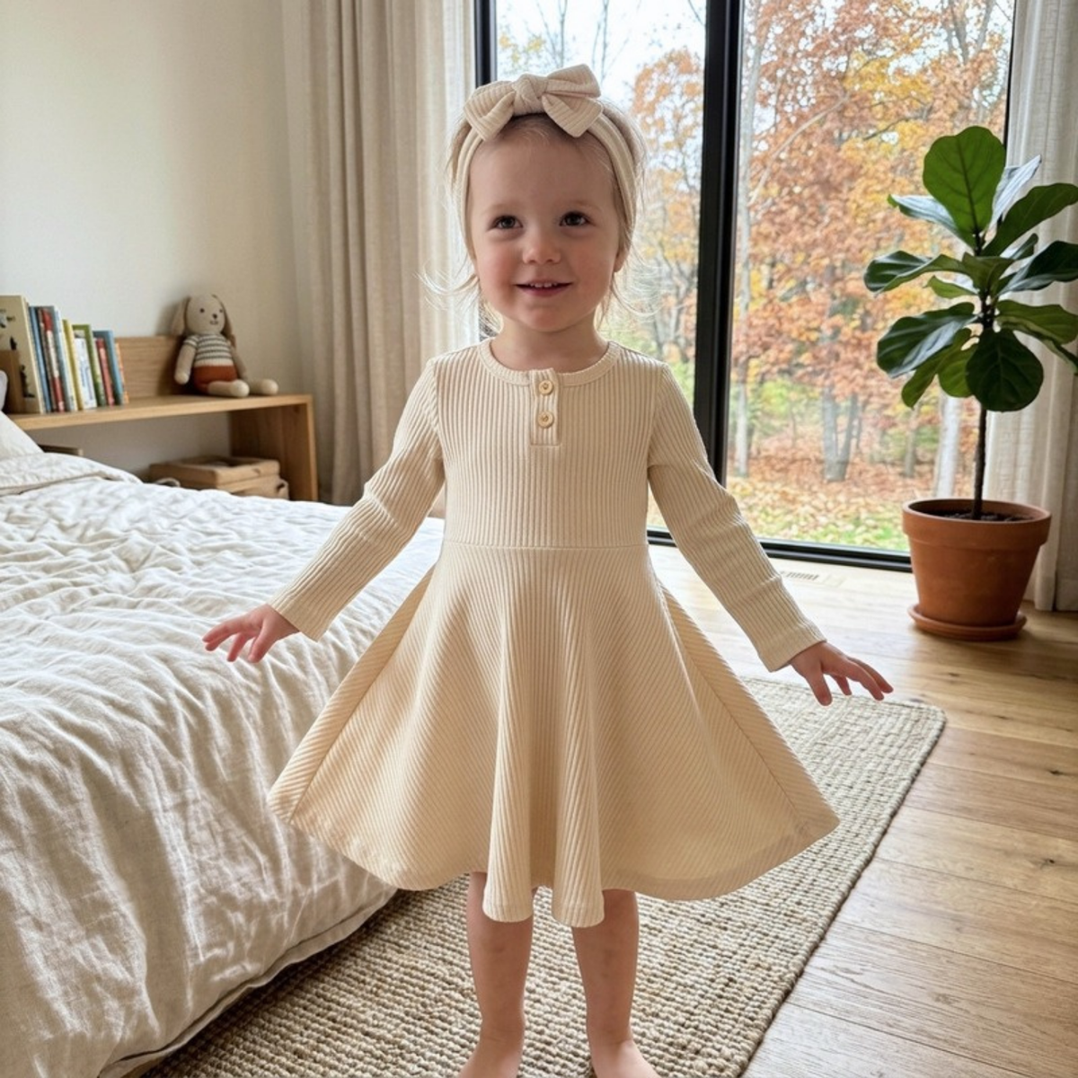 Lilo Ribbed Button Long Sleeve Dress - Cream