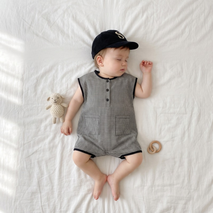 Lilo Cotton Gauze Plaid Romper - Black