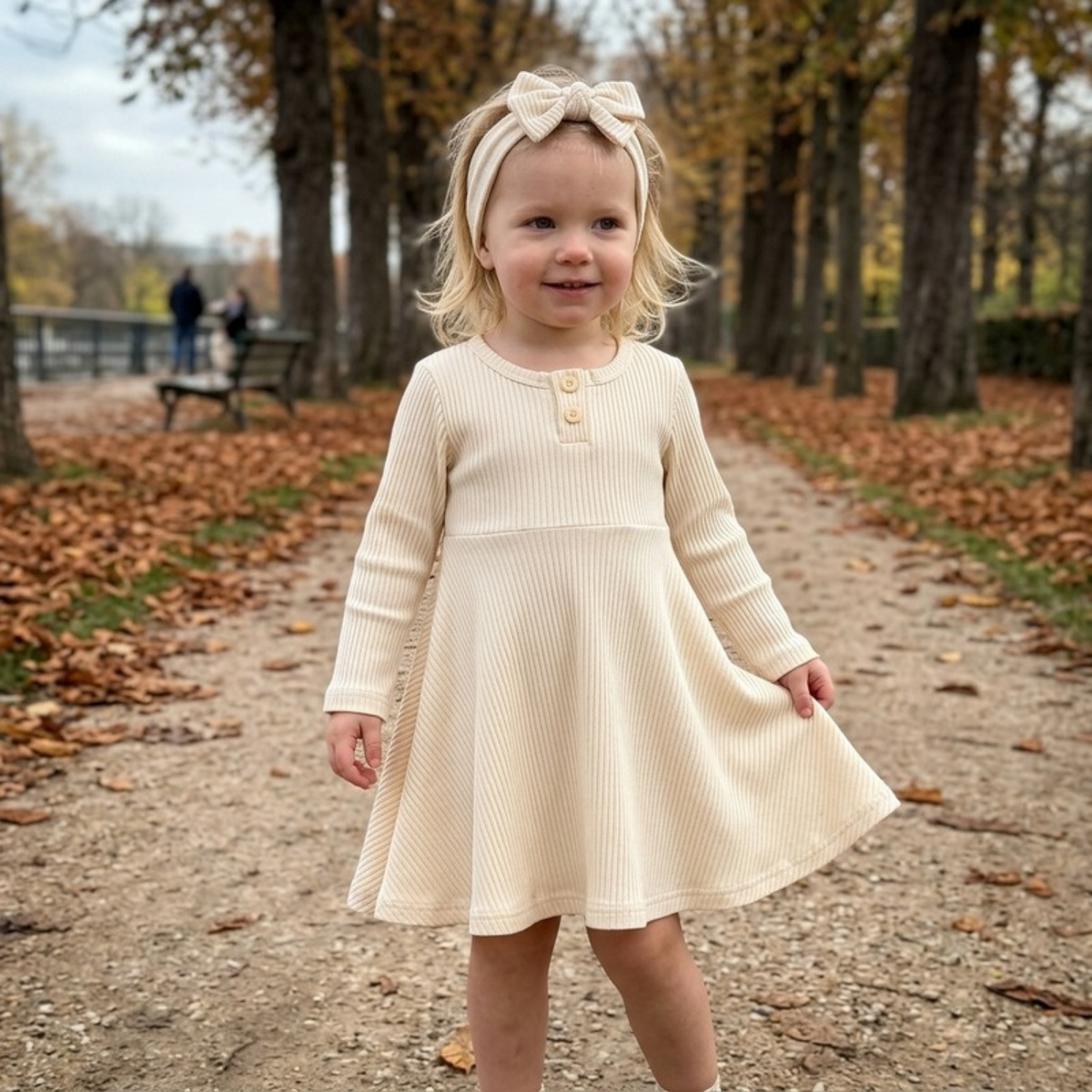Lilo Ribbed Button Long Sleeve Dress - Cream