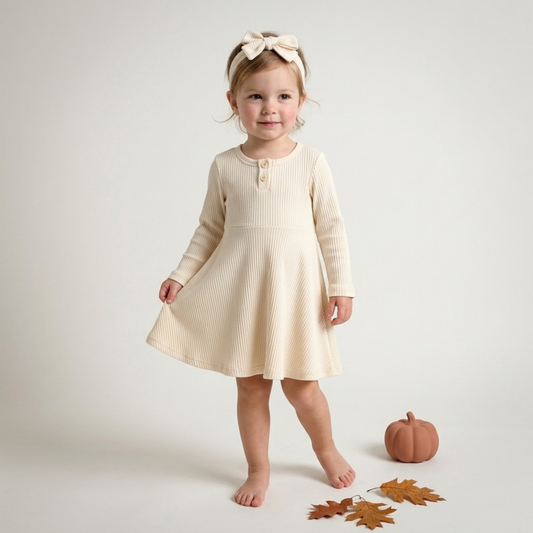 Lilo Ribbed Button Long Sleeve Dress - Cream