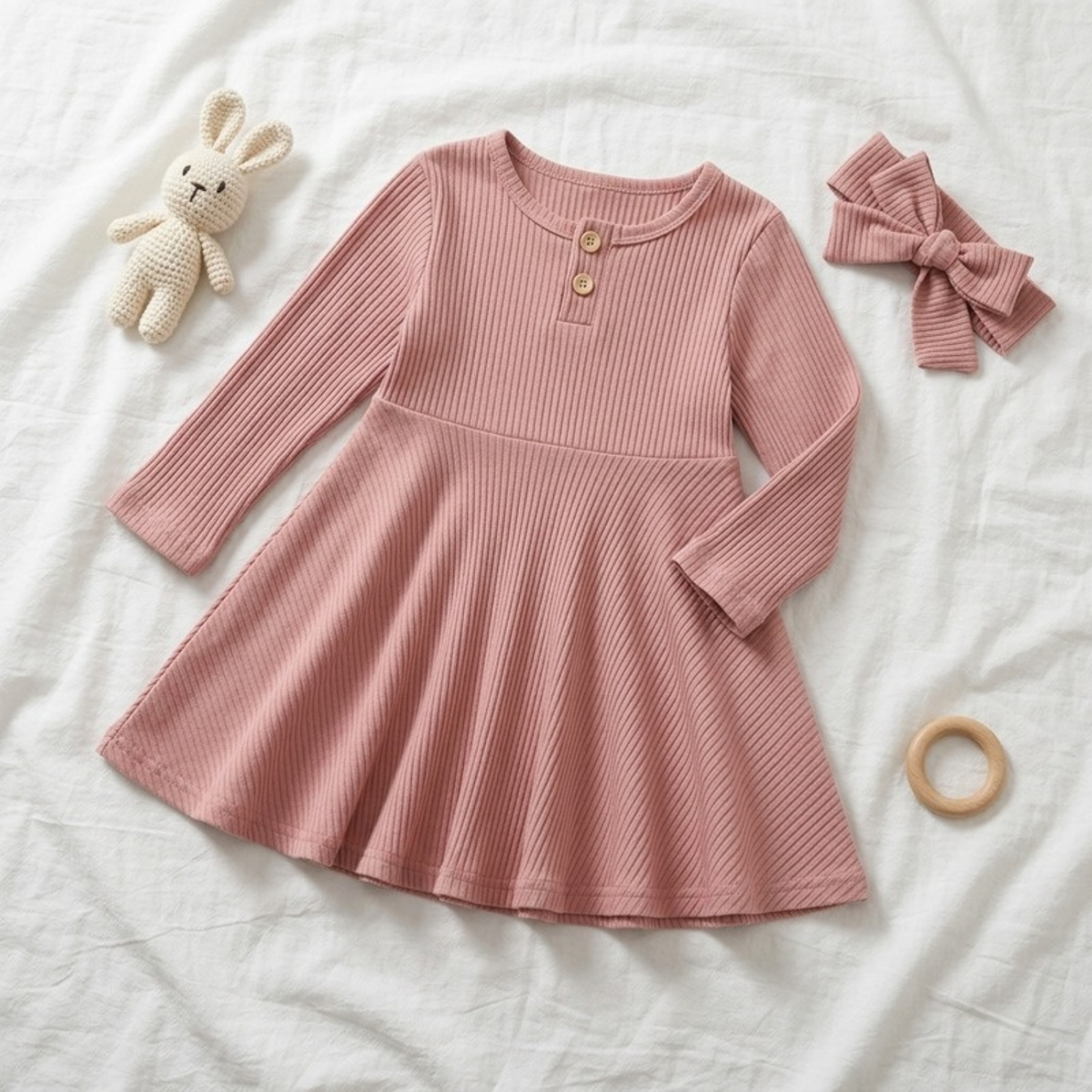 Lilo Ribbed Button Long Sleeve Dress - Dusty Pink