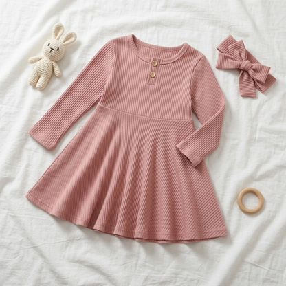 Lilo Ribbed Button Long Sleeve Dress - Dusty Pink