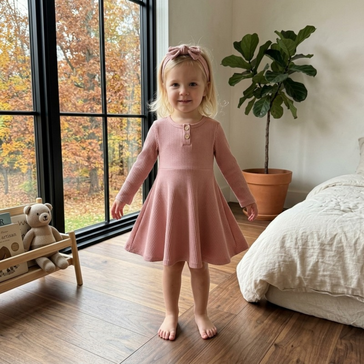 Lilo Ribbed Button Long Sleeve Dress - Dusty Pink