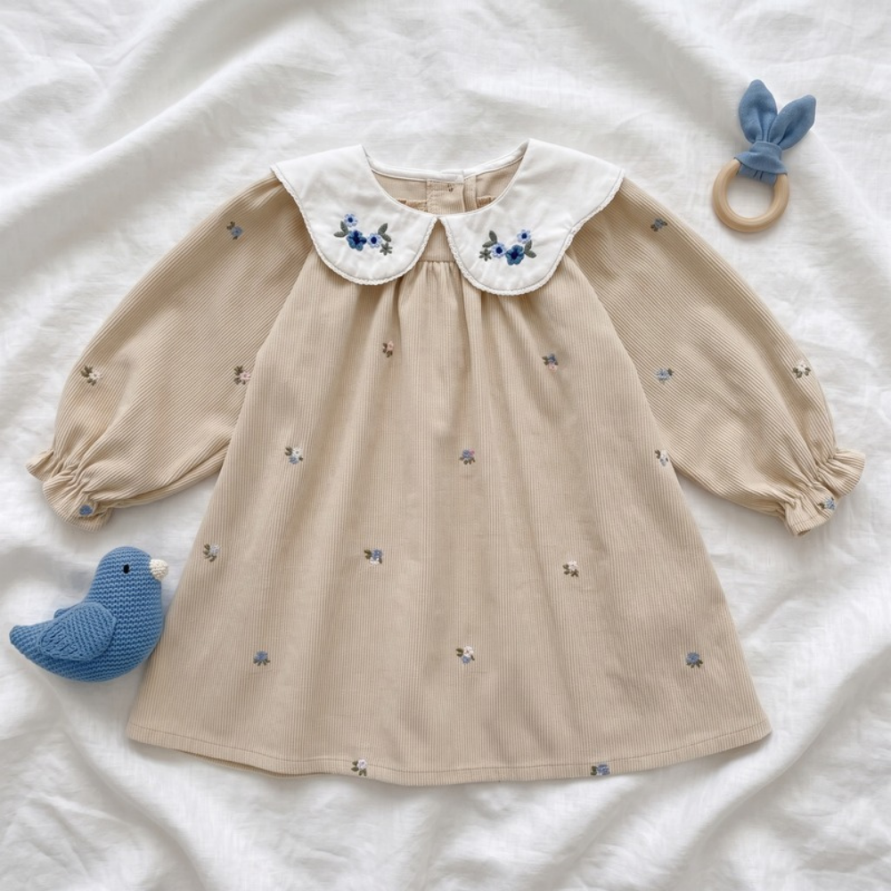 Lilo Corduroy Embroidered Dress - Apricot
