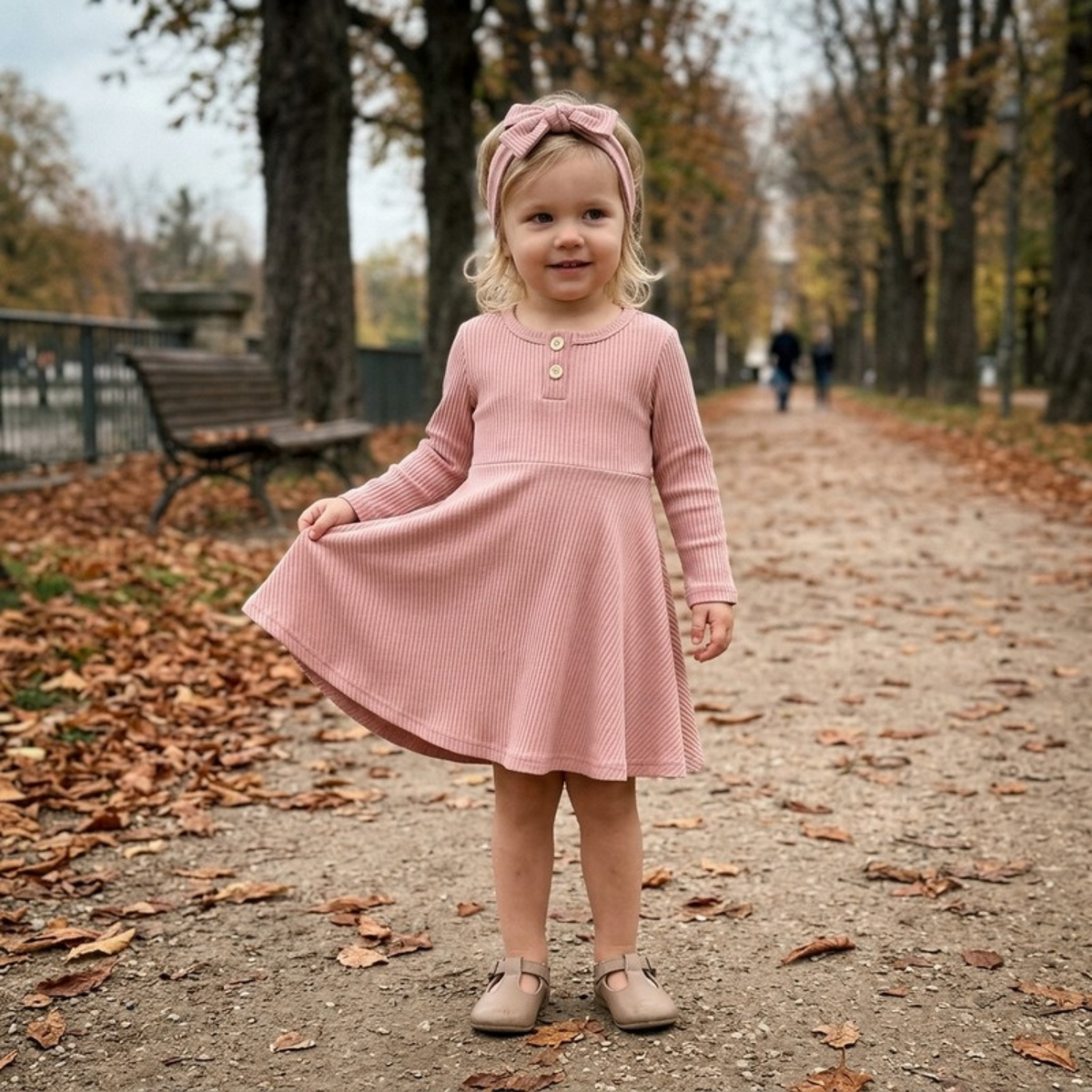 Lilo Ribbed Button Long Sleeve Dress - Dusty Pink