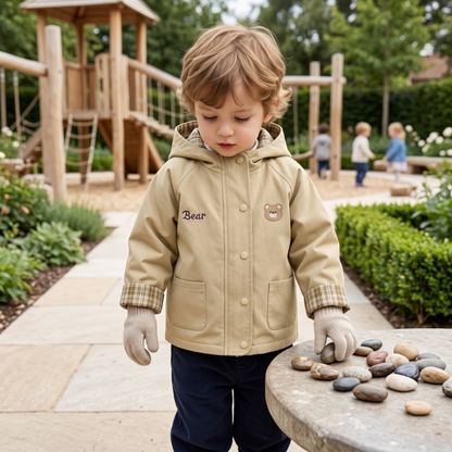 Lilo Hooded Baby Windbreaker - Khaki Bear Script