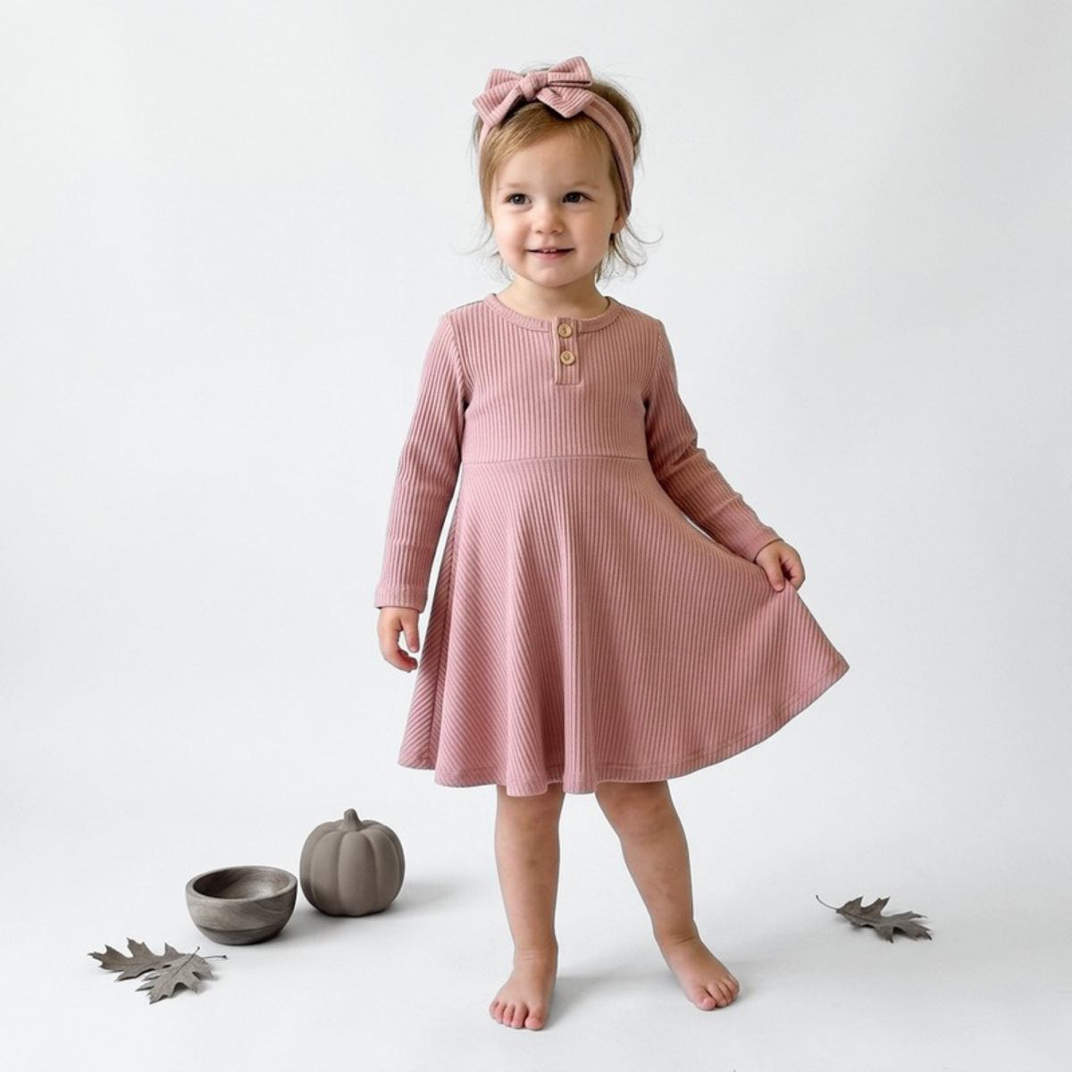 Lilo Ribbed Button Long Sleeve Dress - Dusty Pink