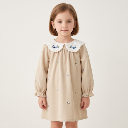 Lilo Corduroy Embroidered Dress - Apricot