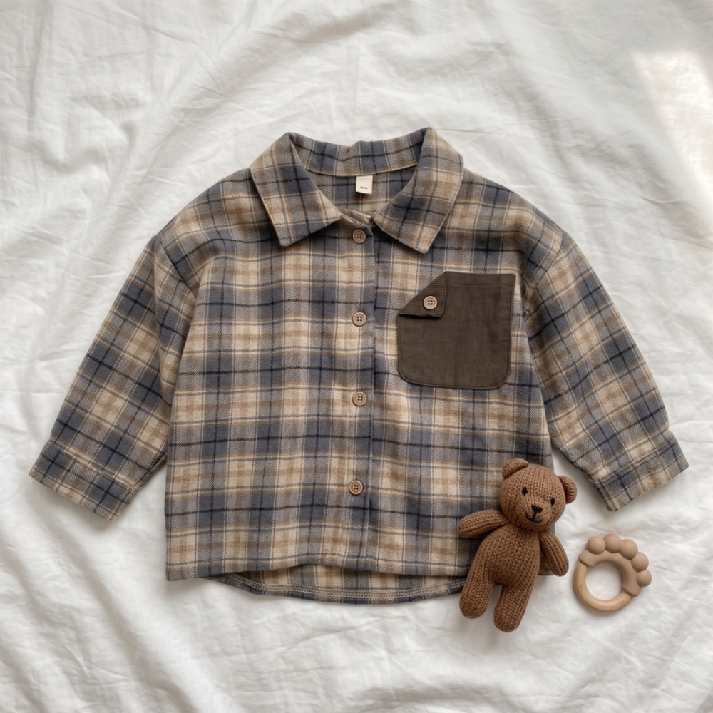 Lilo Retro Color Block Plaid Shirt - Grey and Blue Plaid