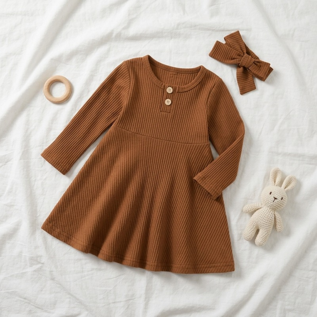 Lilo Ribbed Button Long Sleeve Dress - Caramel Brown