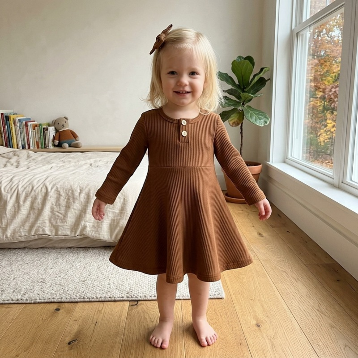 Lilo Ribbed Button Long Sleeve Dress - Caramel Brown