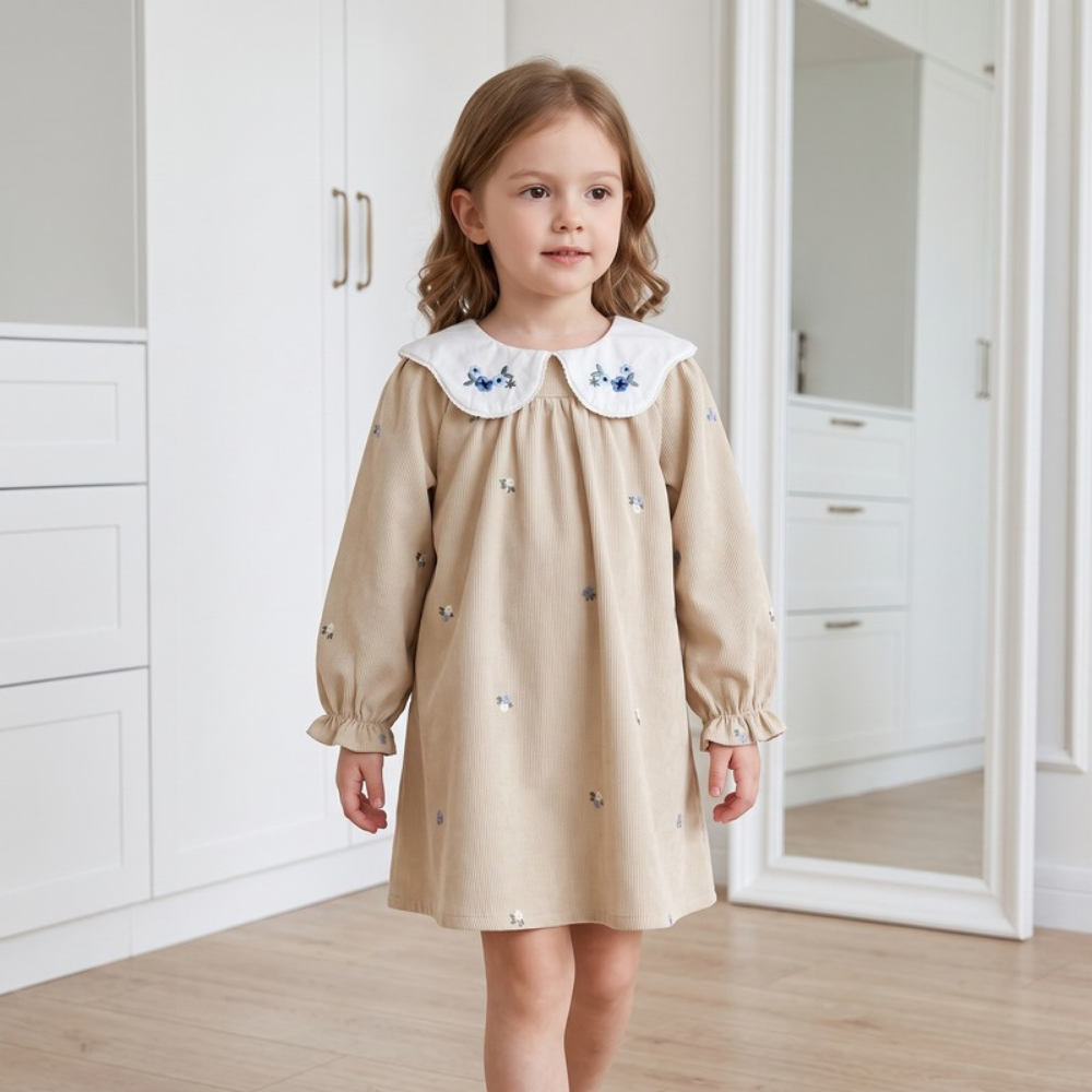 Lilo Corduroy Embroidered Dress - Apricot