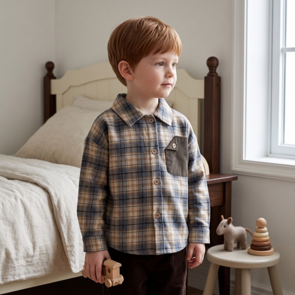 Lilo Retro Color Block Plaid Shirt - Grey and Blue Plaid