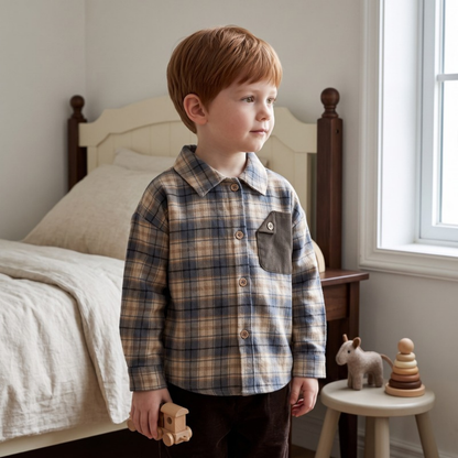 Lilo Retro Color Block Plaid Shirt - Grey and Blue Plaid