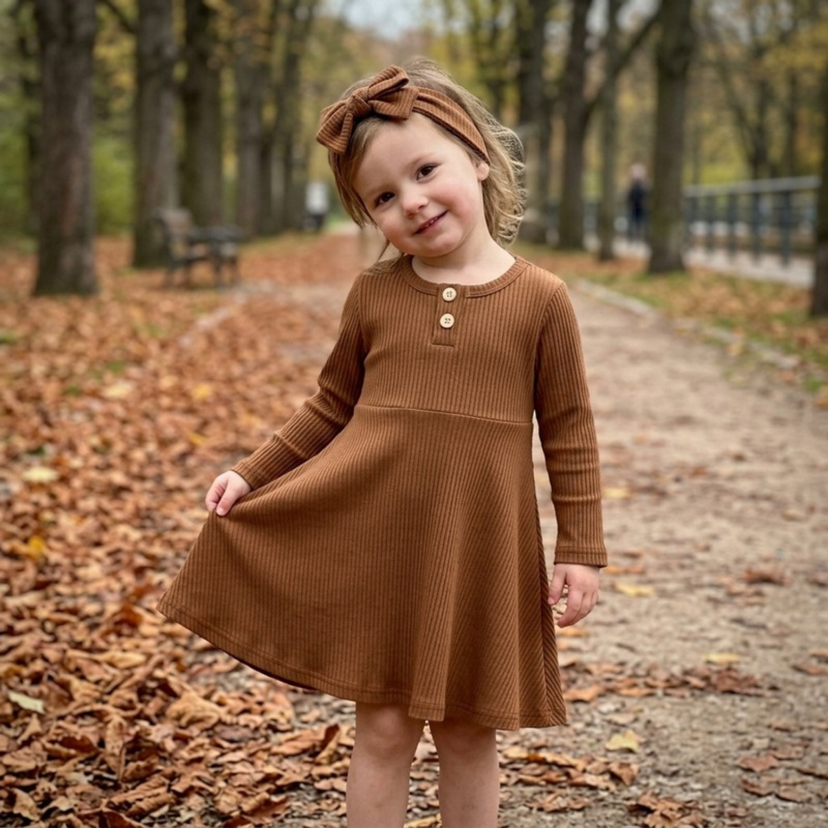 Lilo Ribbed Button Long Sleeve Dress - Caramel Brown
