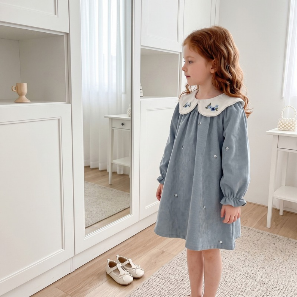 Lilo Corduroy Embroidered Dress - Blue