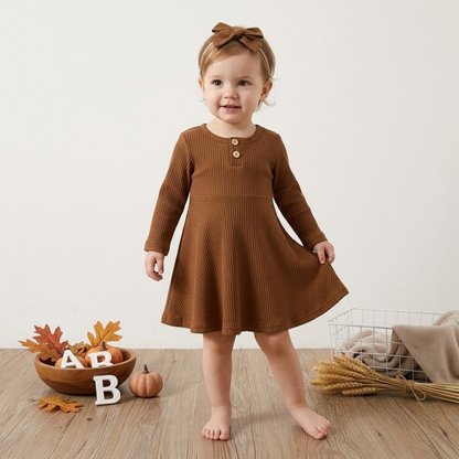 Lilo Ribbed Button Long Sleeve Dress - Caramel Brown