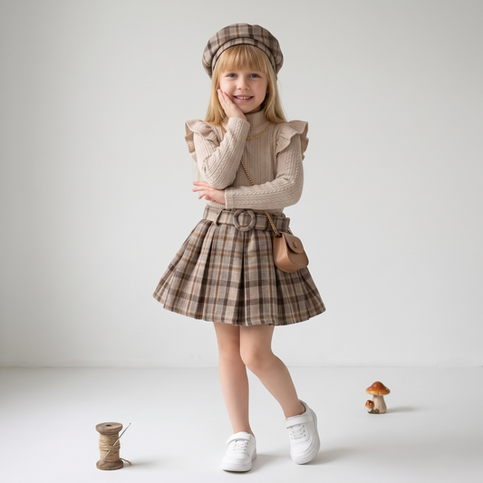 Lilo Lace Collar Plaid Skirt Four Piece Set - Camel