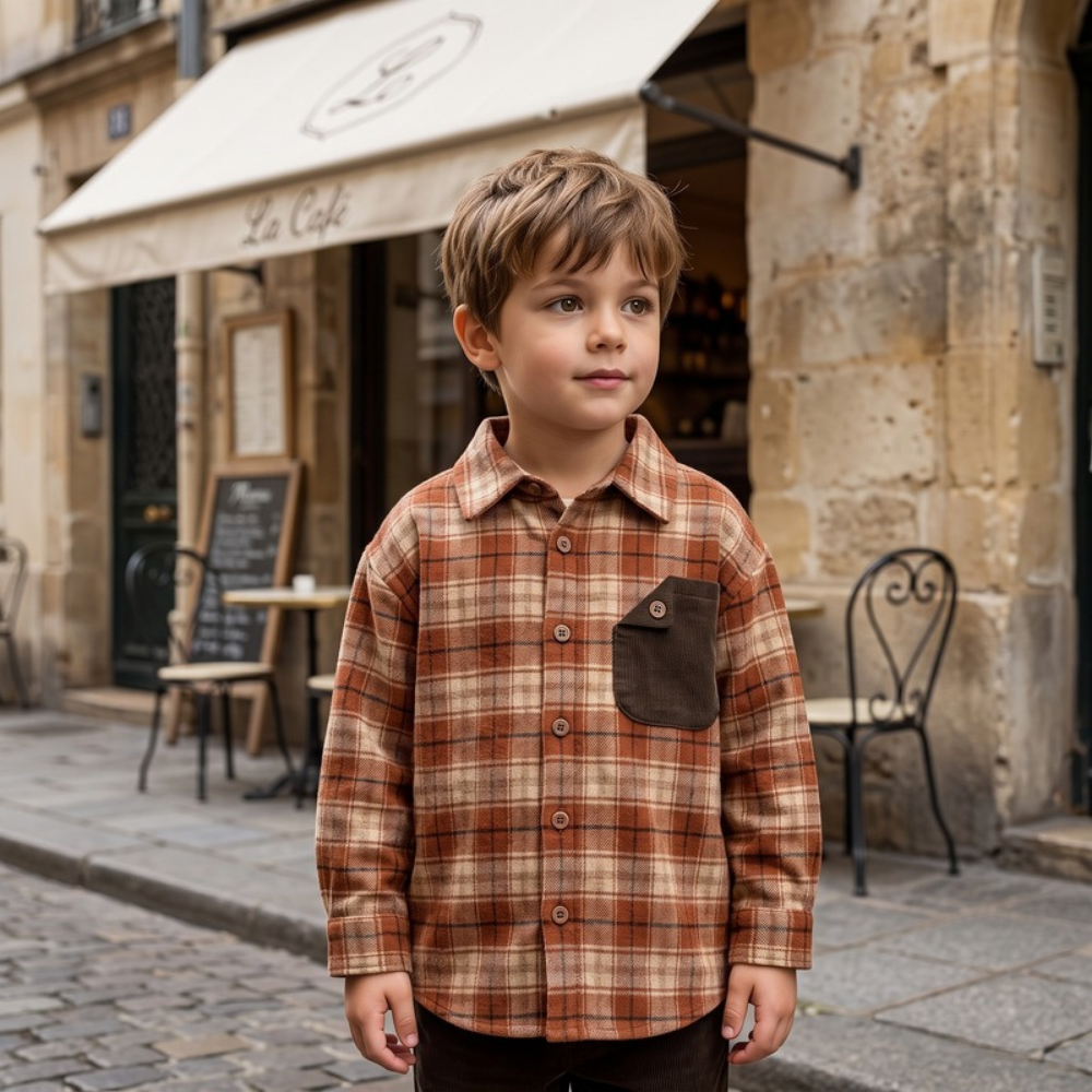 Lilo Retro Color Block Plaid Shirt - Brown and Red Plaid