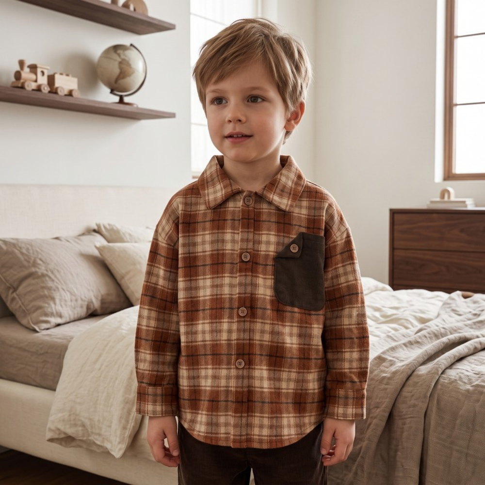 Lilo Retro Color Block Plaid Shirt - Brown and Red Plaid