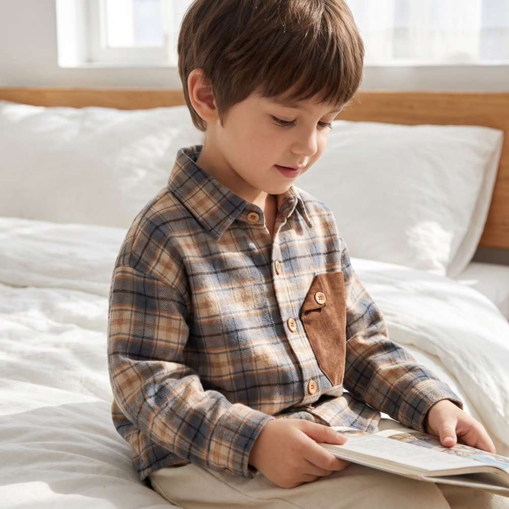 Lilo Harbor Boys Plaid Shirt - Brown Plaid