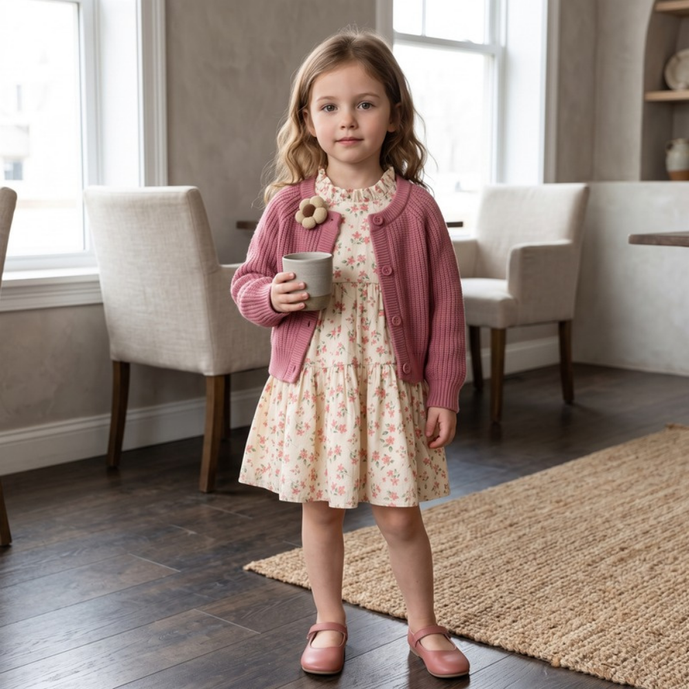 Lilo Knit Cardigan and Floral Dress Set - Pink Cardigan