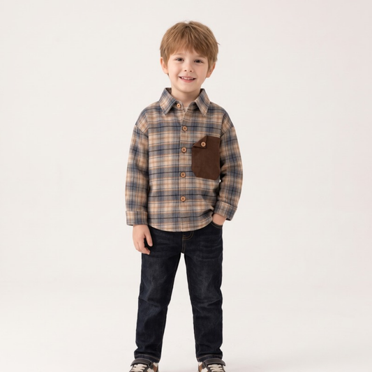 Lilo Harbor Boys Plaid Shirt - Brown Plaid