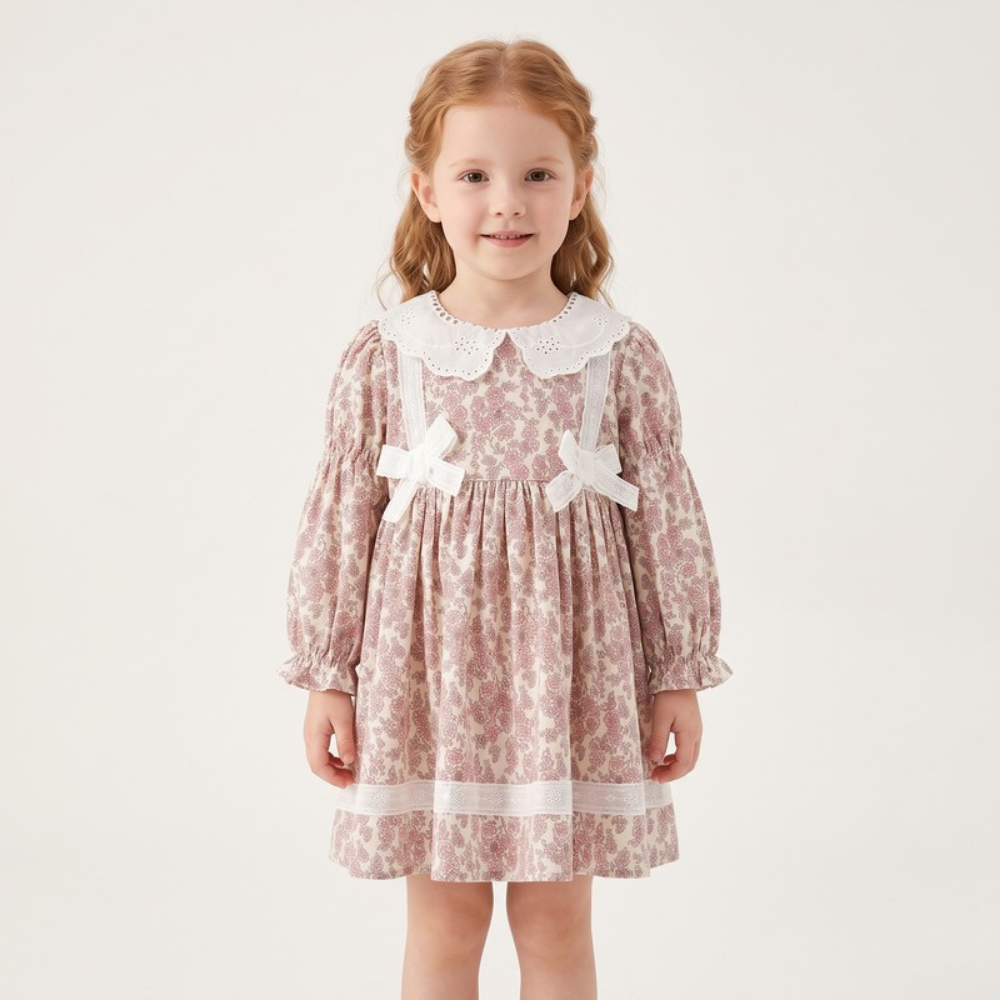 Lilo Floral Lace Bow Princess Dress - Pink Floral