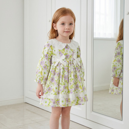 Lilo Floral Lace Bow Princess Dress - Green Floral
