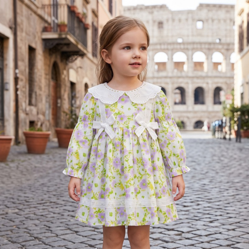 Lilo Floral Lace Bow Princess Dress - Green Floral