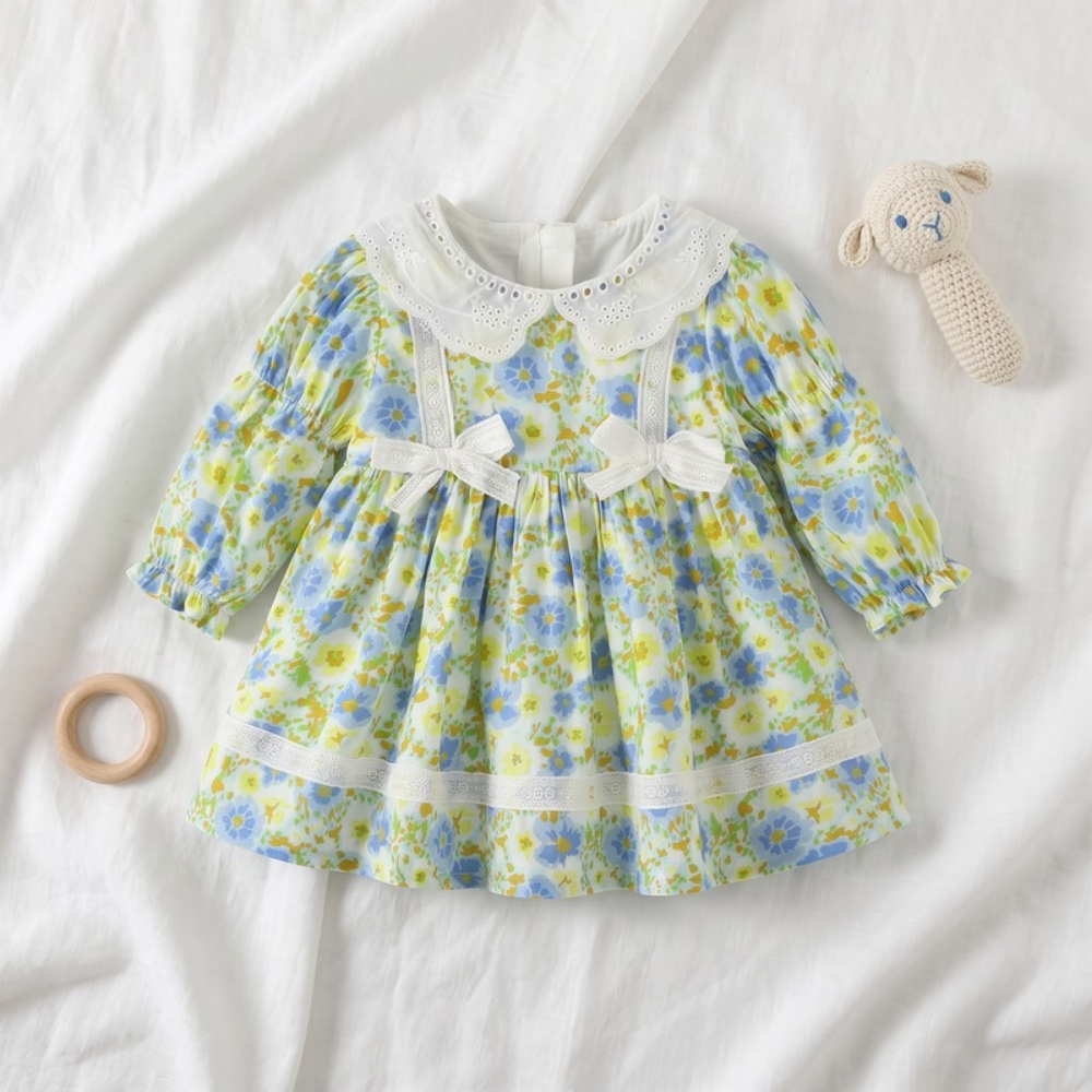 Lilo Floral Lace Bow Princess Dress - Blue and Yellow Floral