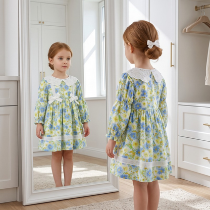 Lilo Floral Lace Bow Princess Dress - Blue and Yellow Floral