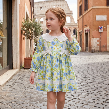 Lilo Floral Lace Bow Princess Dress - Blue and Yellow Floral