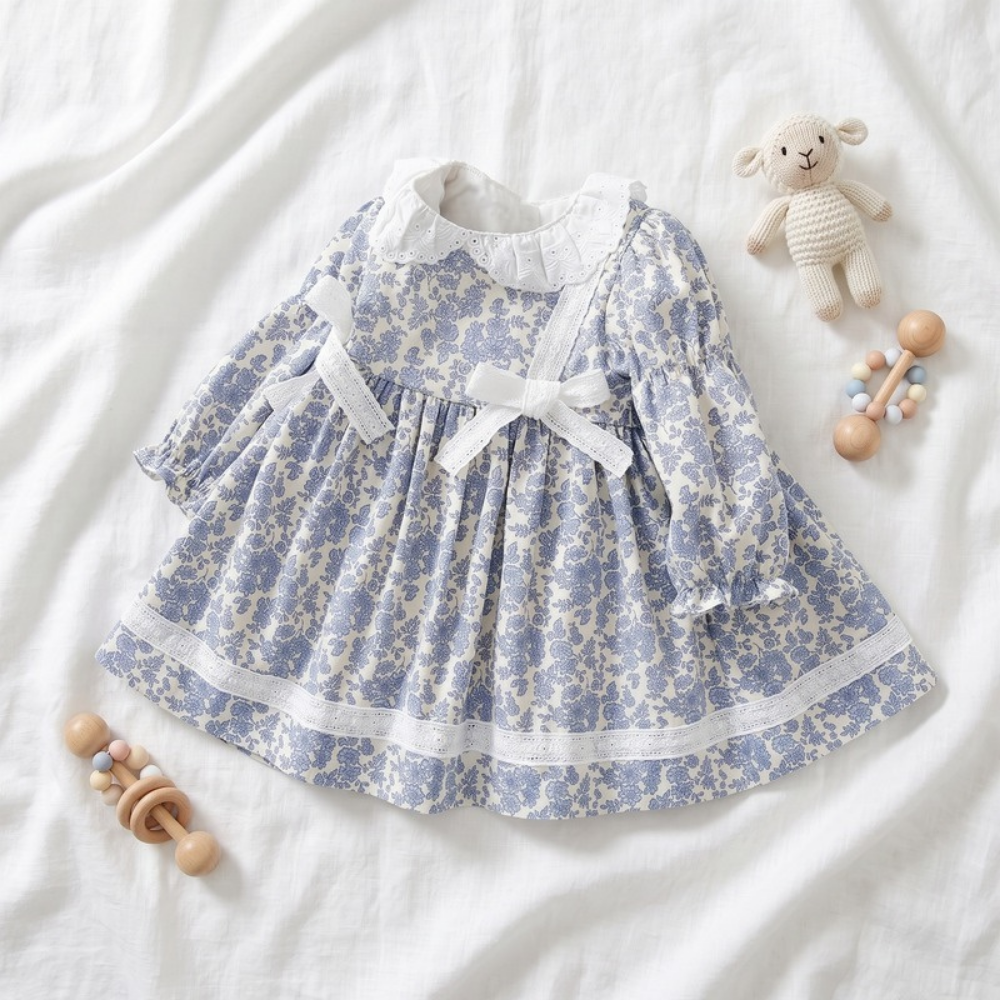 Lilo Floral Lace Bow Princess Dress - Blue Floral
