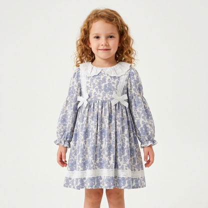 Lilo Floral Lace Bow Princess Dress - Blue Floral