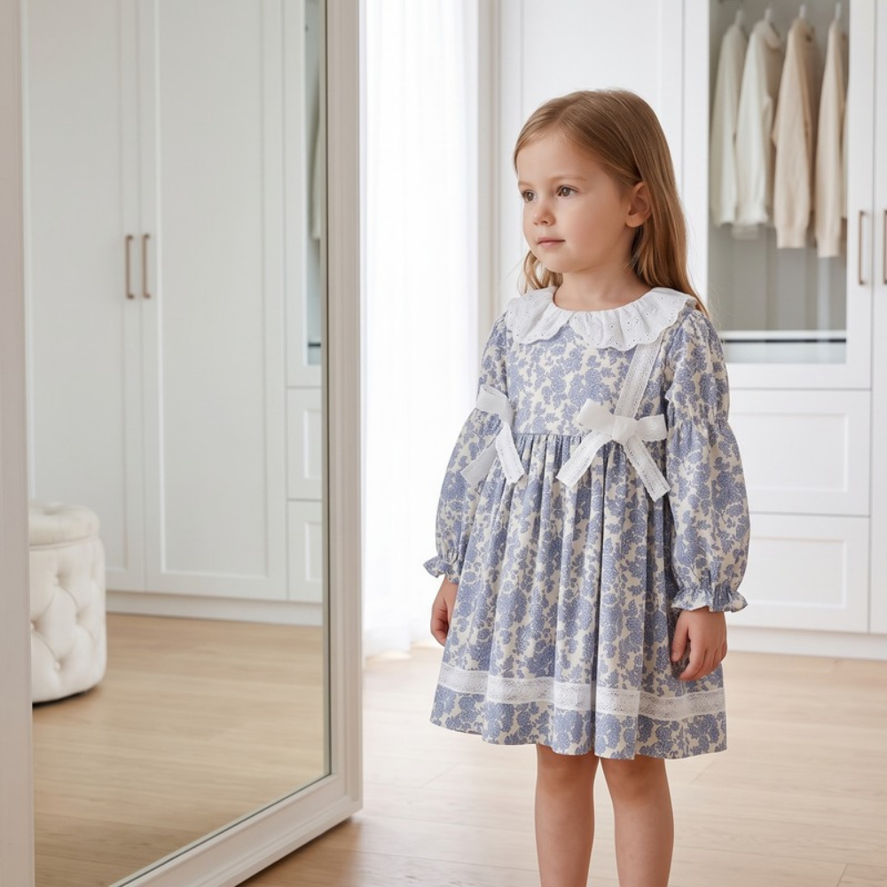 Lilo Floral Lace Bow Princess Dress - Blue Floral