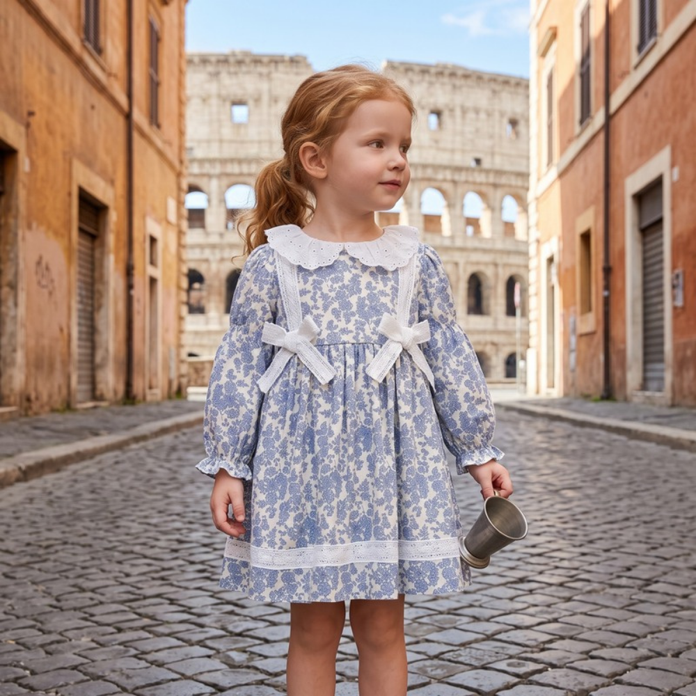 Lilo Floral Lace Bow Princess Dress - Blue Floral