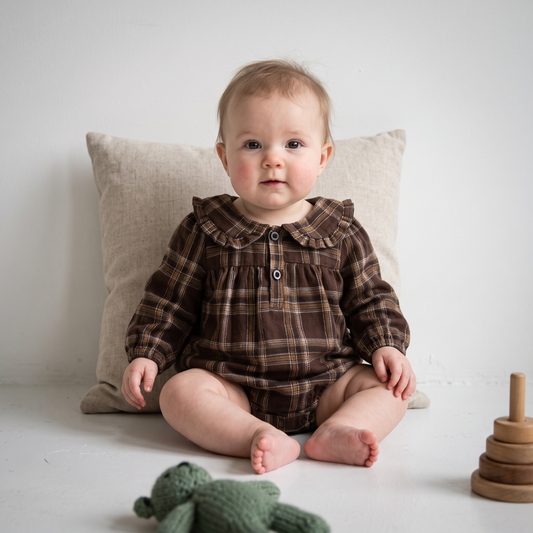 Lilo Plaid Long Sleeve Baby Romper - Brown