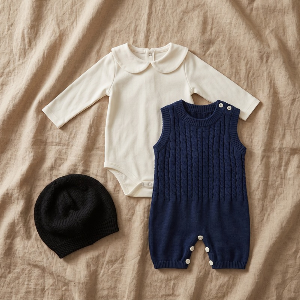 Lilo Cable Knit Strap Romper with Hat - Navy