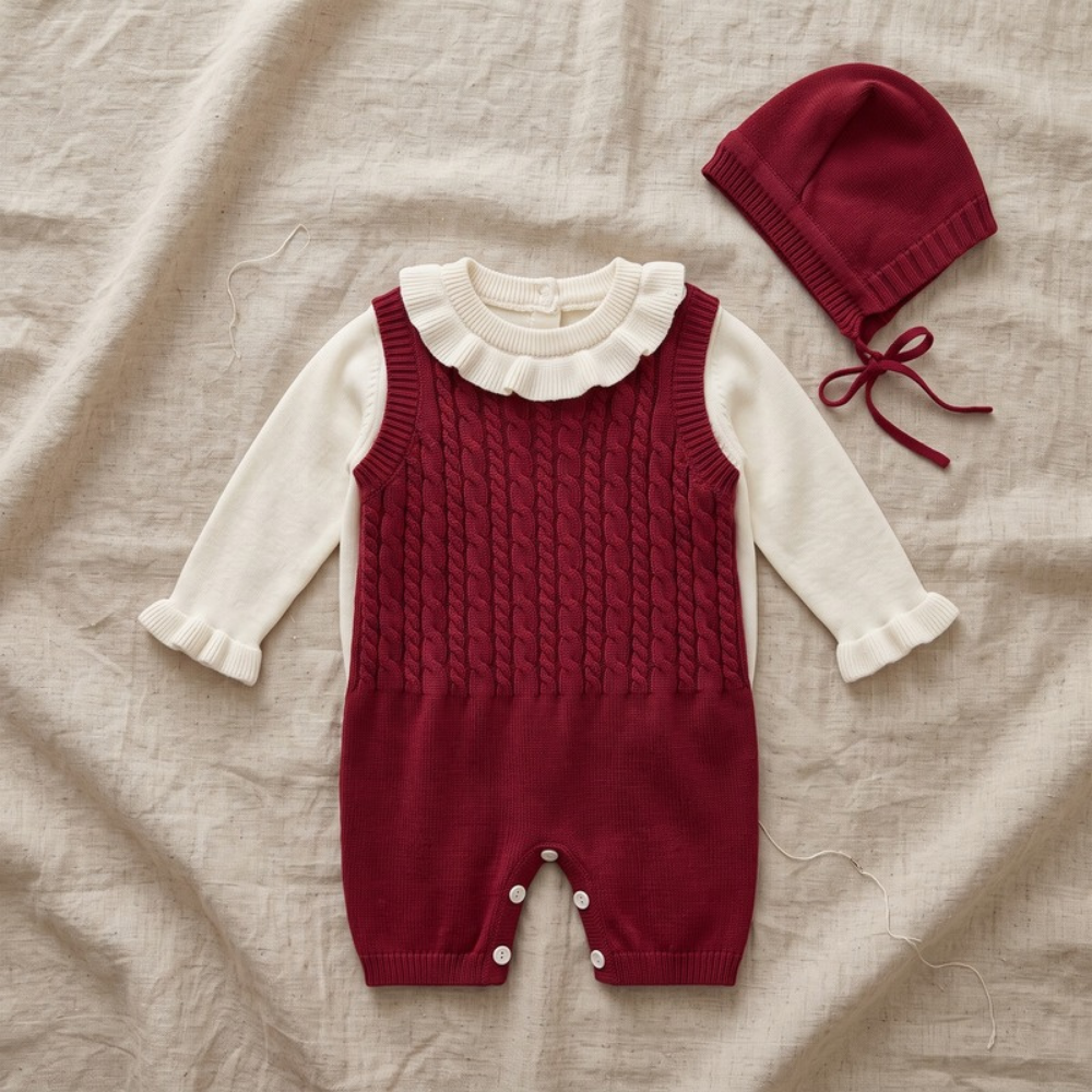 Lilo Cable Knit Strap Romper with Hat - Red
